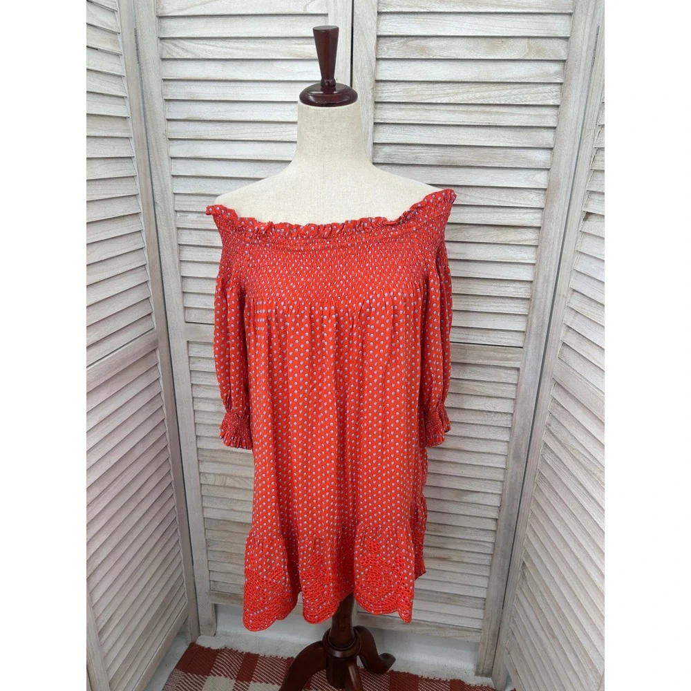 Tory Burch Off the Shoulder Dress Size XS Orange Polka Dot Shirred Ruched Ruffle